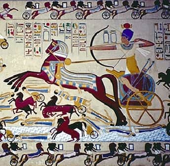 Mural of egyptian archer on chariot